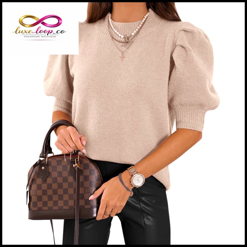 Puff Sleeve Knit Sweater Top Crew Neck Casual Blouse Tunic